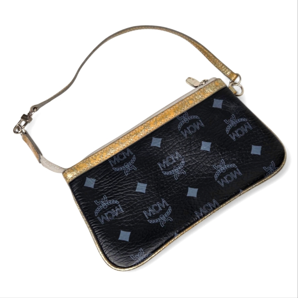 MCM Authentic Black Monogram Leather Wristlet Clutch with Gold Trim - Picture 12 of 12